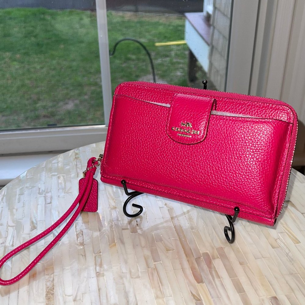 Hot Pink Leather Coach Phone Wallet Wristlet